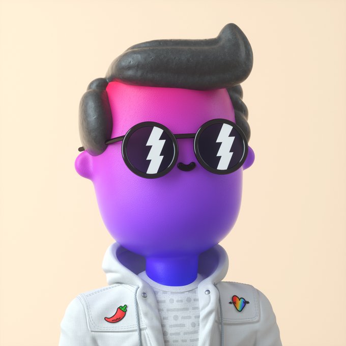 A 3D character with gradient pink-to-purple skin, slick black hair, and round sunglasses featuring lightning bolt reflections, wearing a white jacket with chili pepper and rainbow heart pins.