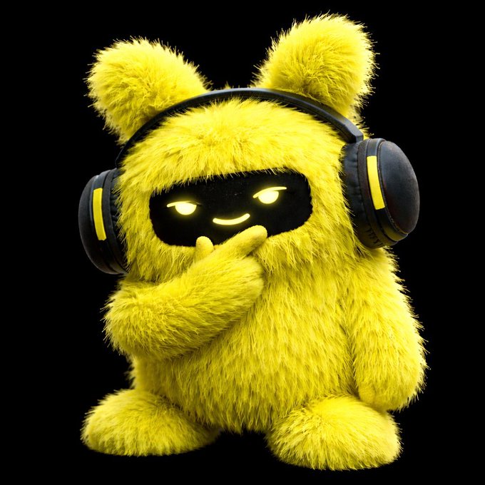 The image features a yellow stuffed animal, possibly a teddy bear or a rabbit, wearing headphones and holding its hand up to its face as if posing for a picture. The background of the image is black, which makes the yellow color of the stuffed animal stand out even more. There are no other objects in the image besides the yellow stuffed animal and the black background.