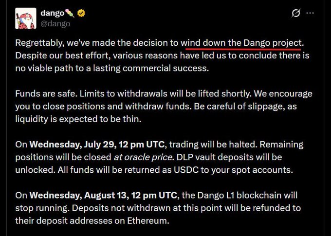 A tweet from "dango" (@dango) announcing the decision to wind down the Dango project, with key dates underlined in red, including July 29 and August 13.