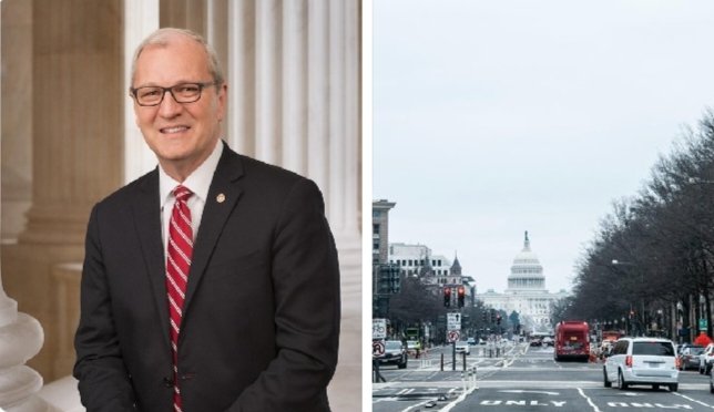Senator Kevin Cramer stands smiling in a formal portrait, paired with a view down a Washington D.C. street leading to the U.S. Capitol building, illustrating his role in the ongoing CLARITY Act negotiations.