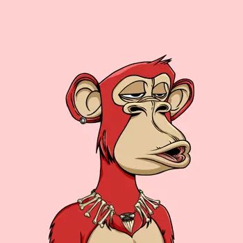 A digital illustration of a bored-looking red monkey NFT character wearing a bone necklace against a pink background.