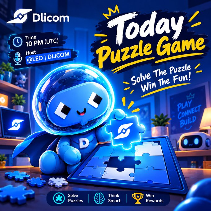 A promotional graphic for 'Dlicom Today Puzzle Game' featuring a blue cartoon mascot holding a puzzle piece, with event details showing Time 10 PM (UTC) and Host @LEO | DLICOM, and the tagline 'Solve The Puzzle Win The Fun!'