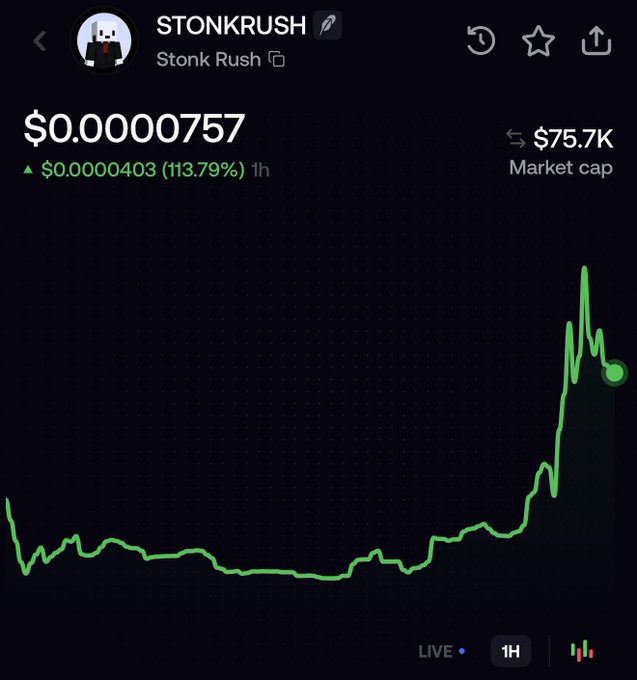 A crypto tracking screenshot shows STONKRUSH (Stonk Rush) at $0.0000757 with a 113.79% gain (+$0.0000403) over 1 hour and a $75.7K market cap, displayed on a 1H live chart showing a sharp recent price spike—illustrating the kind of volatile meme coin movement the post is celebrating after taking initial profits at 100K market cap.