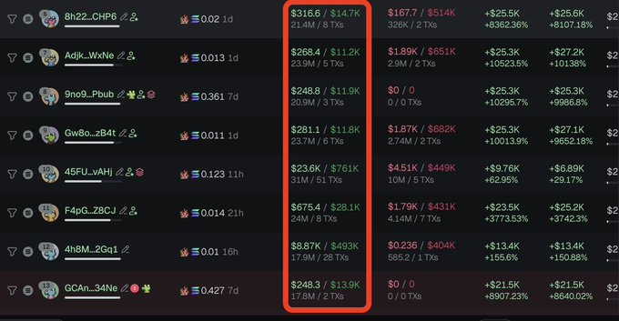 A cryptocurrency trading leaderboard displaying usernames like '8h22_CHP6' and 'Adjic_WxNe' along with their SOL earnings and percentage gains, with a column of dollar amounts and volume highlighted by a red box.