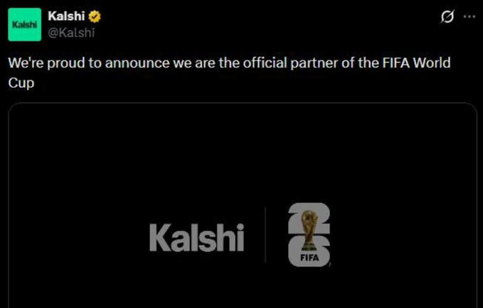 A tweet from Kalshi (@Kalshi) announces "We're proud to announce we are the official partner of the FIFA World Cup," accompanied by a graphic displaying the Kalshi logo alongside the FIFA World Cup trophy. The image illustrates the context of skepticism about Kalshi's claim, as it presents the partnership announcement without any corresponding verification from official FIFA channels.