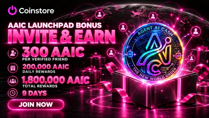 A Coinstore promotional banner for the 'AAIC Launchpad Bonus Invite & Earn' program offering 300 AAIC per verified friend with 9 days remaining to join.