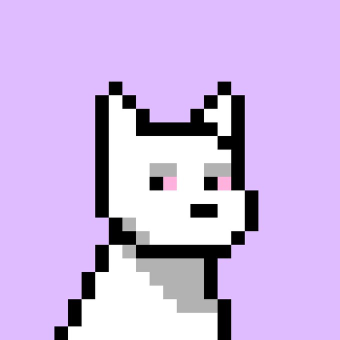 A pixel art illustration of a white cat-like character with pink cheeks, set against a lavender background.