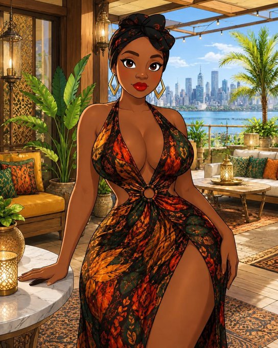 A stylized illustration of a dark-skinned woman wearing a colorful orange, red, and green patterned halter dress with a high slit, standing in an upscale outdoor lounge with a city skyline and palm trees visible in the background.