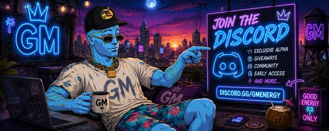 A neon-lit promotional image features a stylized character with 'GM' branding, pointing to a 'JOIN THE DISCORD' sign for 'discord.gg/gmenergy' with perks like 'EXCLUSIVE ALPHA' and 'GIVEAWAYS'.