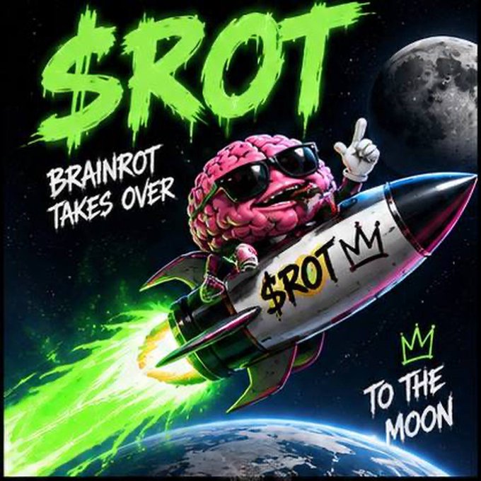 A graffiti-style "$ROT" meme image shows a sunglasses-wearing pink brain riding a rocket labeled "$ROTM" toward the moon, with the tagline "BRAINROT TAKES OVER" and "TO THE MOON" — visually capturing the post's bullish sentiment about $BRAINROT's potential moonshot rally ahead of the broader market.