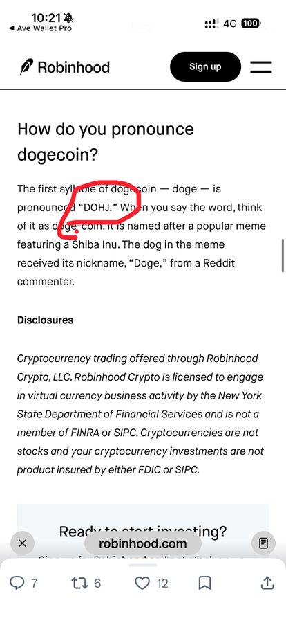 A screenshot of the Robinhood website answering 'How do you pronounce dogecoin?', with the syllable 'doge' circled in red, noting it is pronounced 'DOHJ.'