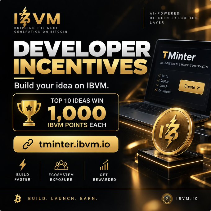 A promotional graphic for 'IBVM' advertises 'DEVELOPER INCENTIVES' with the headline 'Build your idea on IBVM', offering '1,000 iBVM POINTS EACH' to the top 10 ideas, alongside a gold coin logo and the URL 'tminter.ibvm.io'.