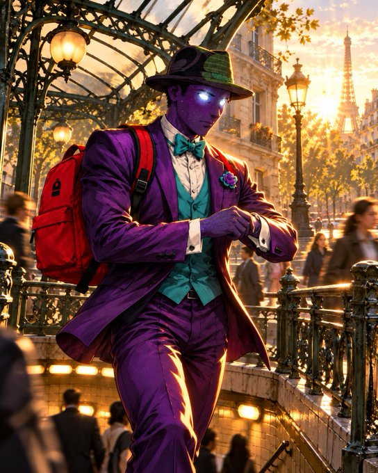 An anime-style illustration depicts a purple-skinned character in a vibrant purple suit with a green vest and red backpack, wearing a fedora and checking his watch in a Paris metro station with the Eiffel Tower visible in the background.