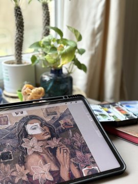 The image features a tablet computer with an illustration of a woman's face displayed on its screen, along with some watercolor paintings. The tablet is placed on top of a table next to two potted plants - one plant has a green leafy appearance while the other has a brown leafy appearance. There are also several books and art supplies scattered around the scene.