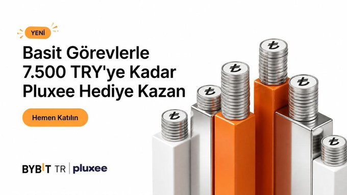 A promotional banner for BYBIT TR | pluxee reading 'Basit Görevlerle 7.500 TRY'ye Kadar Pluxee Hediye Kazan' with a 'Hemen Katılın' button and 'YENİ' badge, alongside illustrations of stacked coins.