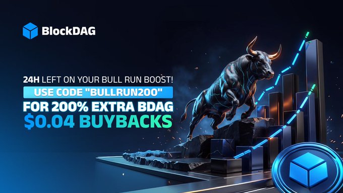 A BlockDAG promotional graphic features a charging bull and an upward market chart, announcing “24H LEFT ON YOUR BULL RUN BOOST!” Use code “BULLRUN200” for 200% extra BDAG and a $0.04 buyback.
