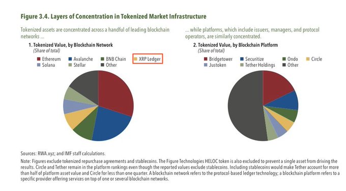 The image, titled "Figure 3.4. Layers of Concentration in Tokenized Market Infrastructure," shows two pie charts illustrating market concentration in tokenized assets: the first breaks down tokenized value by blockchain network (Ethereum, Solana, Avalanche, Stellar, BNB Chain, Other, and XRP Ledger), while the second breaks it down by blockchain platform (Bridgetower, Justoken, Securitize, Tether Holdings, Ondo, and Circle). The chart highlights that XRP Ledger holds a notable share among blockchain networks used for tokenization, aligning with the IMF's October 2026 Global Report mentioned in the post, which spotlights the XRP Ledger's role in the tokenized market infrastructure.