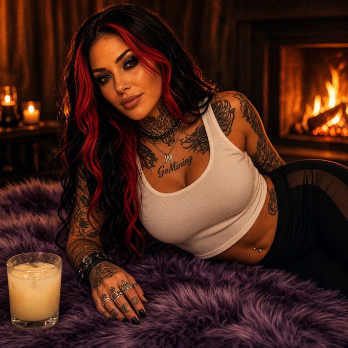 An AI-generated image of a woman with black and red hair, tattoos, and a nose piercing, lying on a purple rug in front of a fireplace, with 'JM GoMining' visible on her chest tattoo.