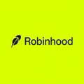 A Robinhood splash screen appears with a bright yellow background, the black feather logo, and the word “Robinhood.”