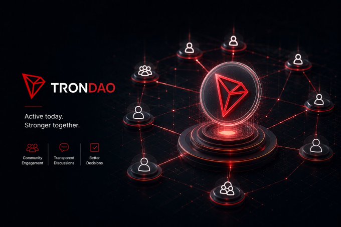 A promotional graphic for 'TRONDAO' featuring a central red glowing Tron logo connected to multiple user icons, with text reading 'Active today. Stronger together.' and 'Community Engagement, Transparent Discussions, Better Decisions'.