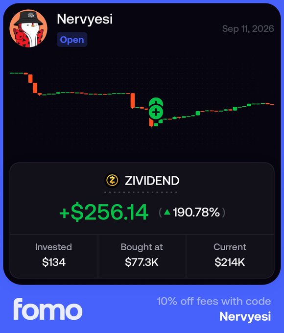A Fomo app portfolio card for user 'Nervyesi' dated Sep 11, 2026, showing a +$256.14 (+190.78%) gain on the ZIVIDEND token, with $134 invested at $77.3K and a current value of $214K.