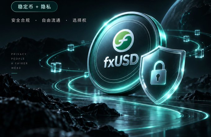 A promotional graphic for fxUSD featuring a glowing coin with a green logo and a shield with a padlock, with Chinese text reading '稳定币 + 隐私' and '安全合规 · 自由流通 · 选择权'.