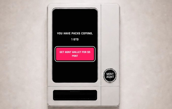 A vending machine-style display showing text reading 'YOU HAVE PACKS COMING, 1 GTD' with a pink button labeled 'GET AGNT WALLET FOR $5 MINT' and a 'MINT AGNT' button.