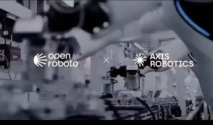 A black-and-white promotional image displays the logos 'open roboto x AXIS ROBOTICS' over a background of industrial machinery.