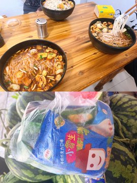 The image shows two bowls filled with food sitting on a wooden table. One bowl contains noodles, while the other has watermelon slices. The bowls are placed next to each other, creating an inviting scene of a mealtime setting.