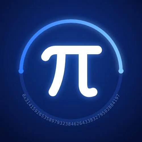 A glowing white pi (π) symbol encircled by a partial blue ring against a dark blue background, with the digits of pi (0.3141592653589793238462643383279502884197) curving along the bottom of the ring, symbolizing the mathematical "PI" easter egg hidden in Arc blockchain's genesis configuration.