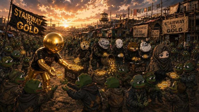 A gold-colored figure distributes "GOLD" coins to a crowd of meme characters in a slum setting during a sunset. Banners and a water tower prominently display the text "STAIRWAY TO GOLD" and "GOLD."
