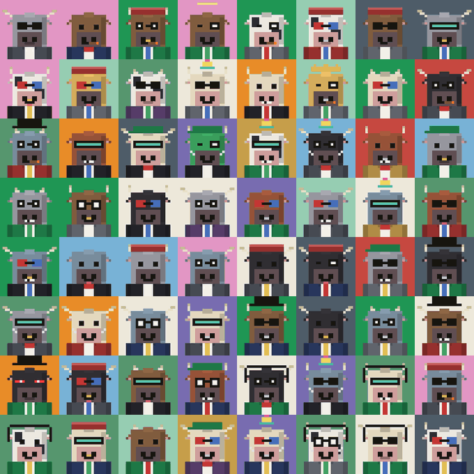 A grid of 64 pixel-art bull characters with varied colors and accessories on colored backgrounds, representing the 5,000 on-chain pixel bull-brokers from the "Bullpen" NFT collection launching on Robinhood Chain with $BULL token rewards.