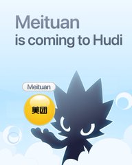 Announcement poster stating 'Meituan is coming to Hudi' with a stylized hedgehog mascot holding a speech bubble reading 'Meituan' above the Chinese characters 美团.