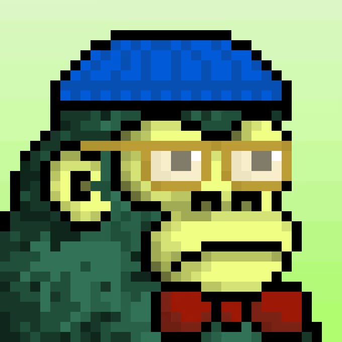 A pixel art illustration of a green-skinned character wearing a blue beanie and glasses, set against a green background.