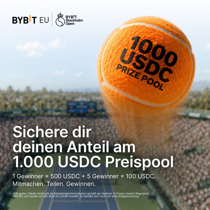 A promotional graphic for BYBIT EU and the BYBIT Stockholm Open featuring a large tennis ball mid-air with '1000 USDC PRIZE POOL' written on it, set against a stadium backdrop, with German text reading 'Sichere dir deinen Anteil am 1.000 USDC Preispool'.
