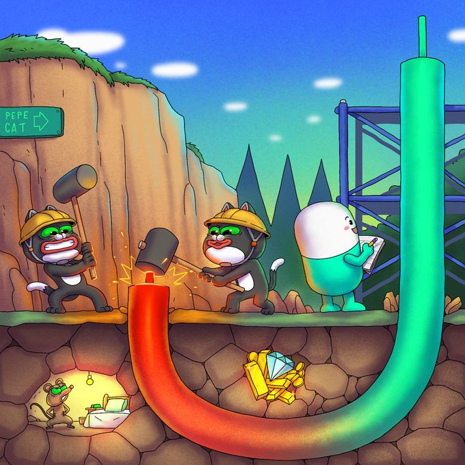 A cartoon illustration showing cat-like miners with hammers working on a red-green pipe, with a turquoise character taking notes nearby and gold bars underground beneath a 'PEPE CAT' sign.