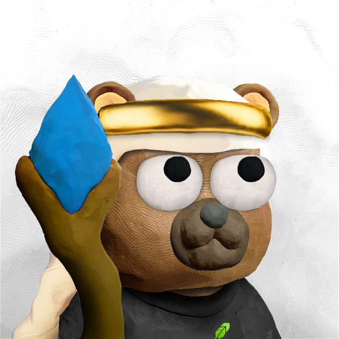 A claymation-style brown bear character wearing a white and gold headband (resembling Moses) and a black shirt holds a blue crystal-topped staff. The image humorously visualizes the meme's reference to "Robinhood Moses," with the bear's Moses-like attire playing on the biblical parting of the Red Sea to mock bots driving prices down.