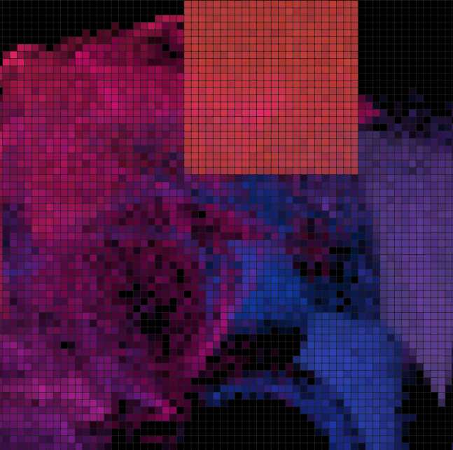 An abstract pixelated image features a grid of squares in shades of purple, magenta, red, and blue against a black background.