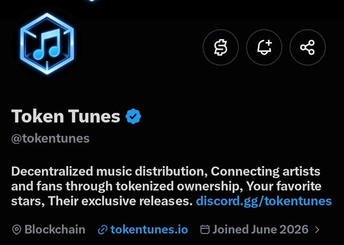 A Twitter/X profile for "Token Tunes" (@tokentunes), featuring a blue hexagonal music note logo, showcasing the verified account's mission of decentralized music distribution through tokenized ownership, with a Discord link (discord.gg/tokentunes), website (tokentunes.io), and a June 2026 join date. The image aligns with the post's endorsement of the project as a web3 music distribution platform bridging traditional music and blockchain-based IP ownership.