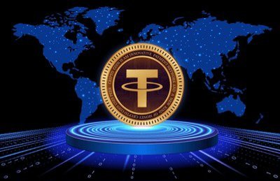 A glowing gold Tether (₮) coin floats above a digital world map and circuit-patterned pedestal, symbolizing Tether's global reach and its first full financial audit by KPMG U.S. for the year ending December 31, 2025, which issued an unqualified opinion on the stablecoin's financial statements.