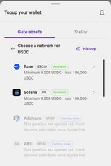 A mobile app screen titled 'Top up your wallet' showing a list of networks for purchasing USDC, including Base and Solana.