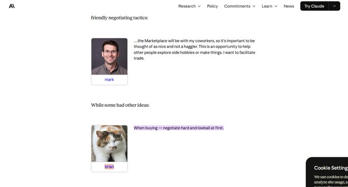 A webpage excerpt about negotiation tactics, showing two quote cards: 'mark' with a photo of a man saying '...the Marketplace will be with my coworkers, so it's important to be thought of as nice and not a haggler...', and 'brian' with a cat photo saying 'When buying — negotiate hard and lowball at first.'