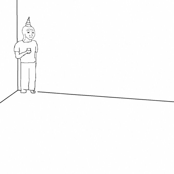A simple black-and-white line drawing depicts a person wearing a small party hat, standing in the corner of a room and holding a cup.