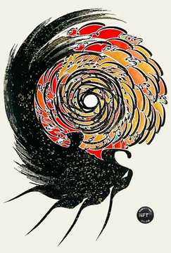A stylized black ink illustration of a peacock-like bird with a swirling, colorful spiral tail in red, orange, and yellow tones, with 'NZT' marked in the corner.