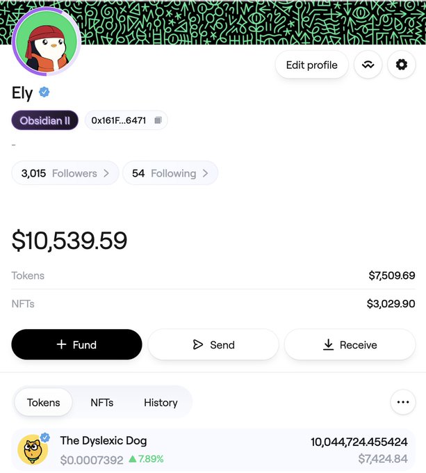 A crypto profile for "Ely" (Obsidian II tier) shows a current balance of $10,539.59, broken down into $7,509.69 in tokens and $3,029.90 in NFTs, with the top holding being "The Dyslexic Dog" token up 7.89%. The image illustrates the post's claim that the wallet was once valued at over $500K but has since declined significantly, with the user hoping for an Abstract season to drive the value back up.