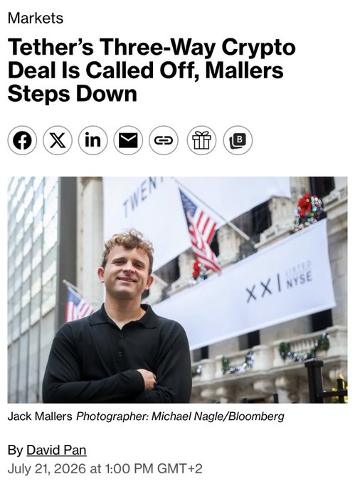 Jack Mallers, photographed by Michael Nagle/Bloomberg, stands smiling in a black polo shirt outside the New York Stock Exchange (NYSE), where "XXI" branding is visible in the background, in connection with news of his departure as CEO of the Twenty One-linked company.
