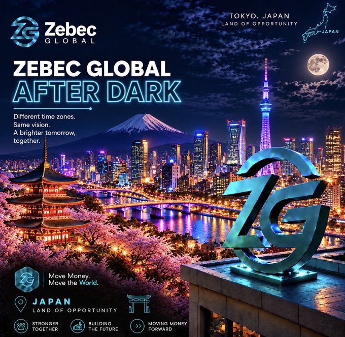 A promotional graphic for 'Zebec Global After Dark' featuring a nighttime Tokyo cityscape with Mount Fuji and the Tokyo Skytower, alongside the tagline 'Different time zones. Same vision. A brighter tomorrow, together.' and 'Move Money. Move the World.'