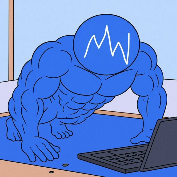 A blue, muscular blob-like creature with a stock chart line on its head hunches over a laptop on a desk.