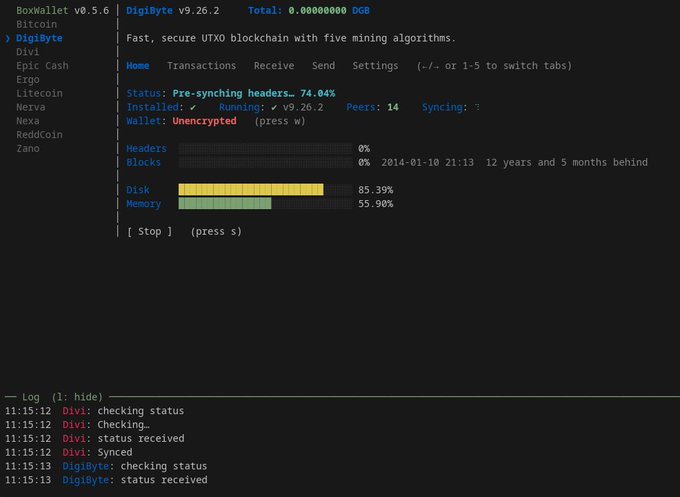 A terminal interface showing the Boxwallet v0.5.6 application running DigiByte v9.26.2 wallet, which is syncing and 12 years and 5 months behind.