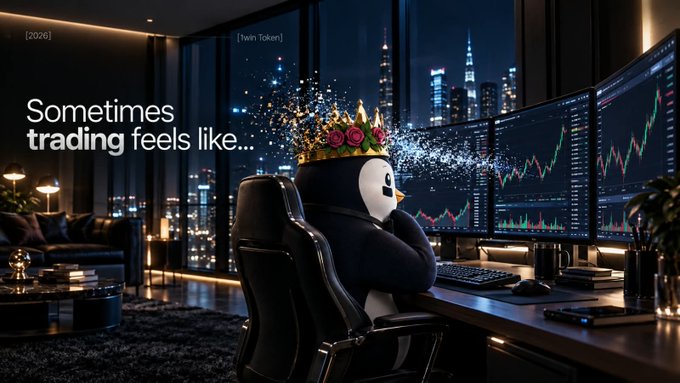 A humorous AI-generated image of a plush penguin wearing a gold and red rose crown sitting at a multi-monitor trading setup overlooking a city skyline at night, with the caption 'Sometimes trading feels like...'.